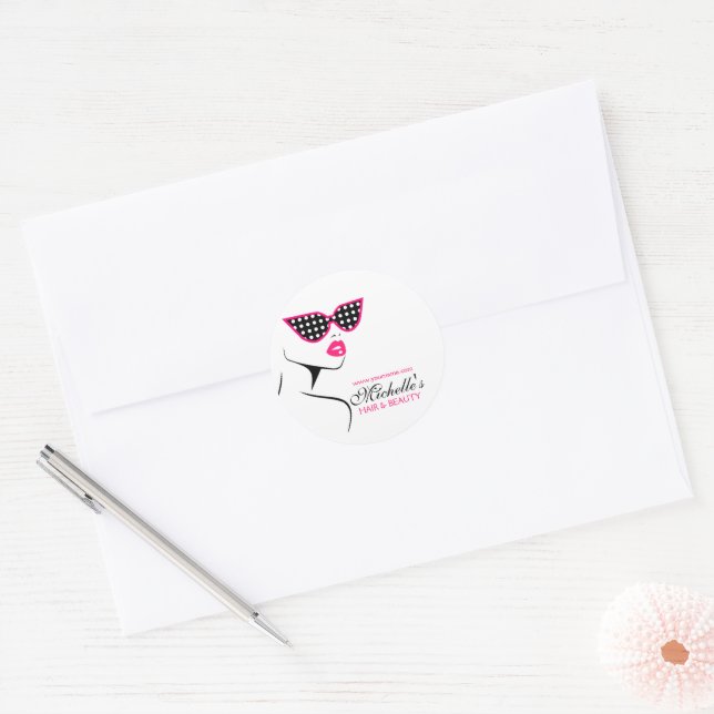 Pegatina Redonda Moda Retro Negro Pink Polka Punto Gafas de sol Bel (Sobre)