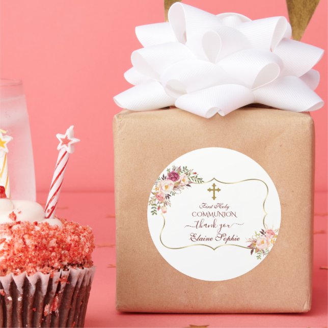 Pegatina Redonda Moda Rubor Oro Floral Rosa Primera Santa Comunión (Fiesta)