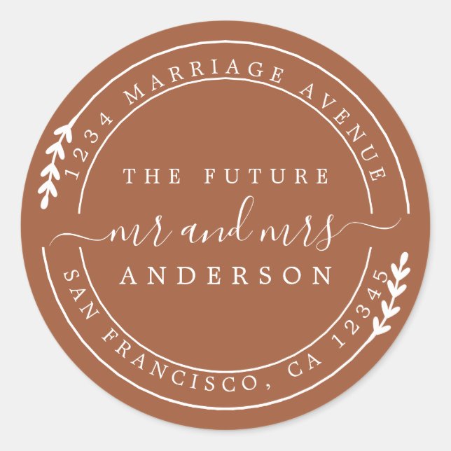 Pegatina Redonda Moda Script Future Sr. TerraCotta Return Addres (Anverso)