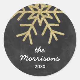 Pegatina Redonda Moda Snowflake | Faux Relieve metalizado dorado Ho