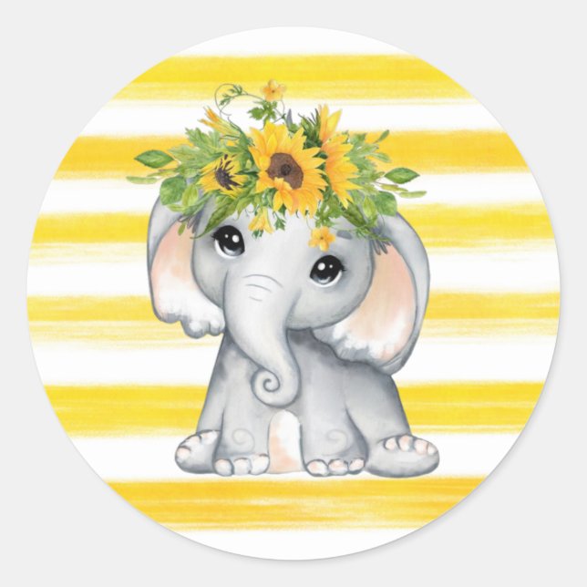 Pegatina Redonda Moda SunFlower Elephant Stripes Baby Shower (Anverso)