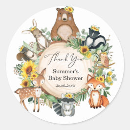 Pegatina Redonda Moda Sunflower Woodland Animales Baby Girl Shower