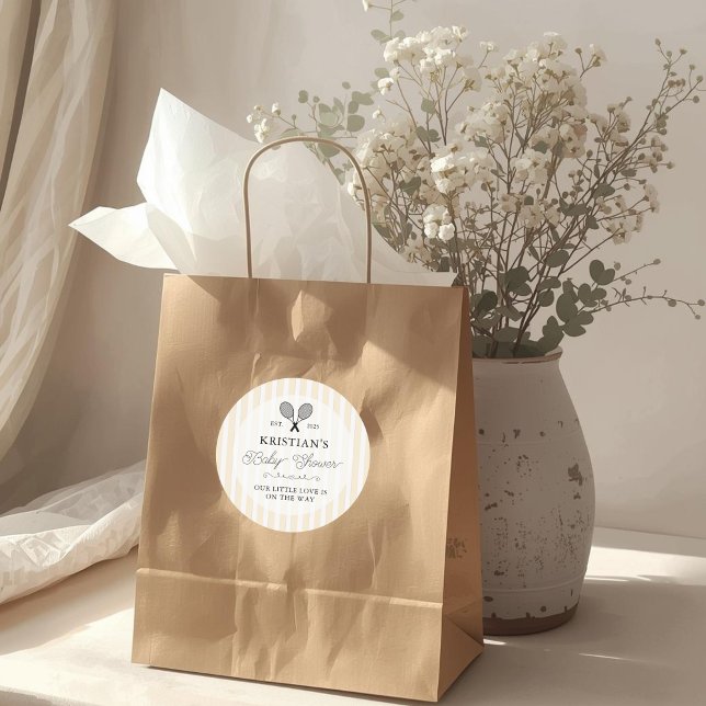 Pegatina Redonda Moda temática de tenis amarillo perrito Baby Showe (elegant preppy chic yellow tennis theme baby shower stickers for thank you gifts favors and prizes)