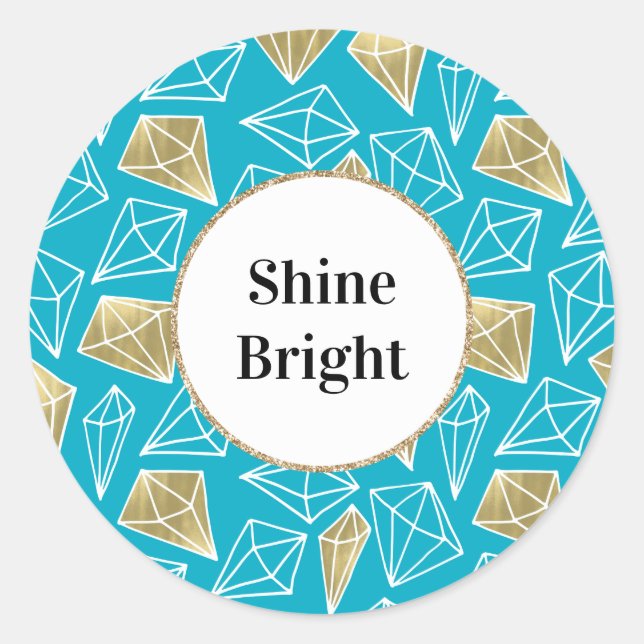 Pegatina Redonda Moda Turquesa Aqua Diamantes de Oro Azul (Anverso)