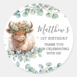 Pegatina Redonda Moda Verde Cute Highland Cow Gracias Por Favor