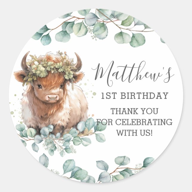 Pegatina Redonda Moda Verde Cute Highland Cow Gracias Por Favor (Anverso)