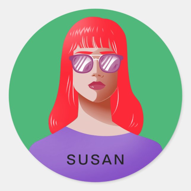 Pegatina Redonda Moda verde y elegante mujer (Anverso)