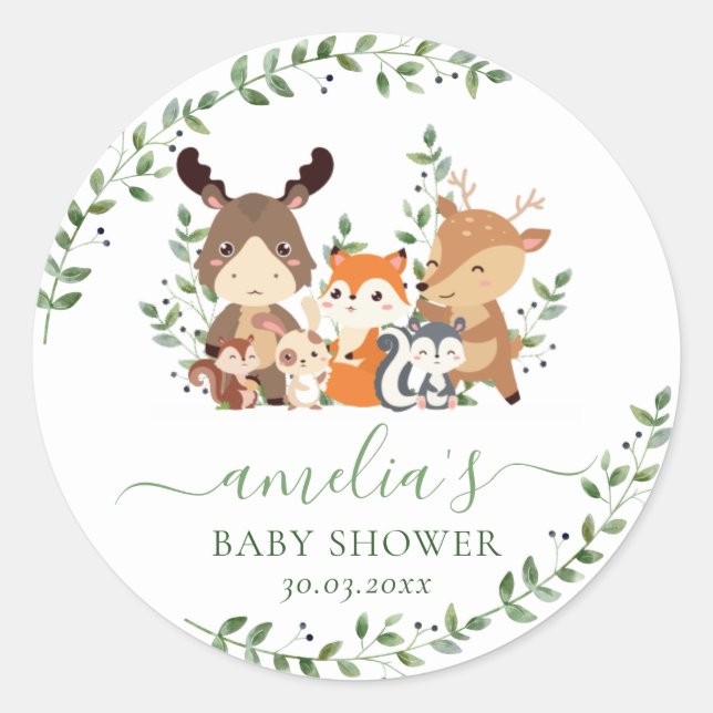 Pegatina Redonda Moda Verdor Woodland Animales Baby Shower Favor (Anverso)