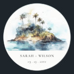 Pegatina Redonda Moda Watercolor Seascape Palm Tree Island Boda<br><div class="desc">Acuarela Seascape Palm Tree Island Colección Temática.- es un elegante guion Ilustracion acuático de la isla palmera de la montaña de la costa, perfecto para su boda y fiestas de destino de la isla. Es muy fácil de personalizar, con sus datos personales. Si necesita cualquier otro producto o personalización que...</div>