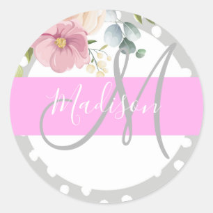 Pegatina Redonda Moda y nombre de monograma rosa gris rosa floral