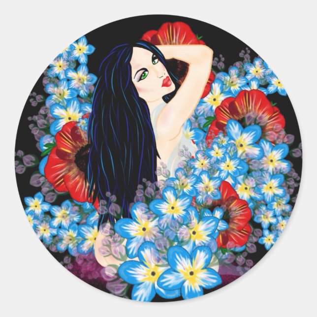 Pegatina Redonda Modelo de glamour en cama de amapola, ART de LeahG (Anverso)