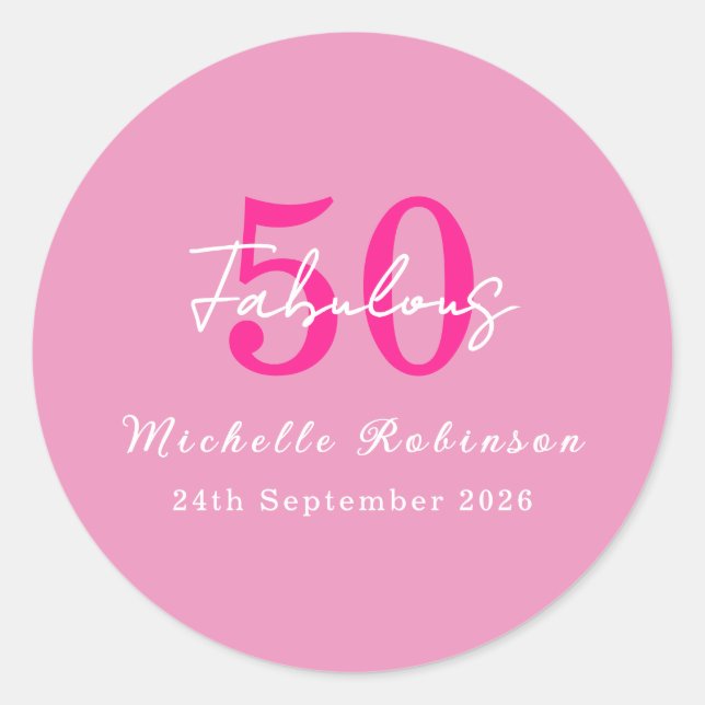 Pegatina Redonda Modern 50 and Fabulous Pink 50th Birthday Party (Anverso)