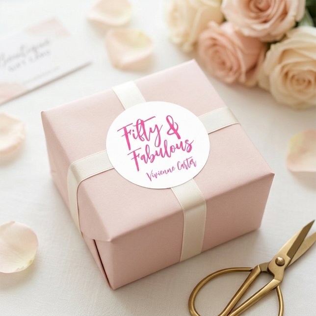 Pegatina Redonda Modern 50 and Fabulous Pink 50th Birthday Party (Fifty and Fabulous Name 50th Birthday Paper Sticker Envelope Seal)