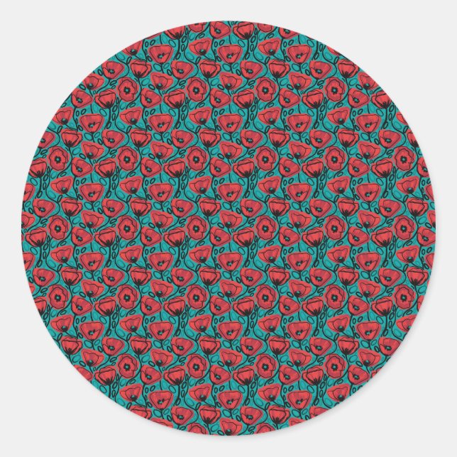 Pegatina Redonda Modern Abstract Red Poppy Floral Pattern (Anverso)