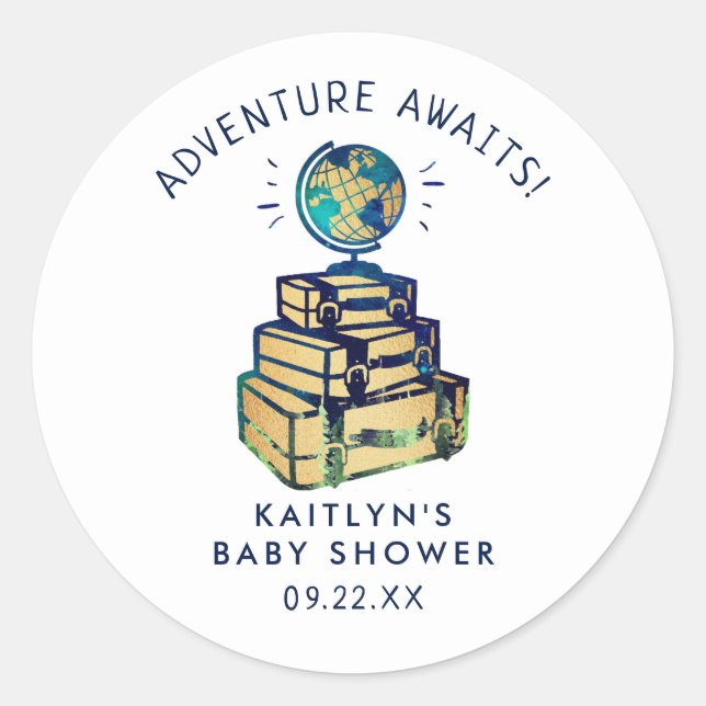 Pegatina Redonda Modern Adventure Travel Globe Baby Shower (Anverso)