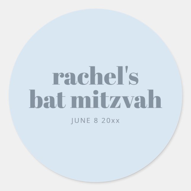 Pegatina Redonda Modern Bat Mitzvah Soft Blue Personalized Favor (Anverso)