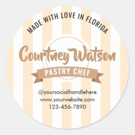Pegatina Redonda Modern Beige Stripe Cake Bakery Pastry Chef