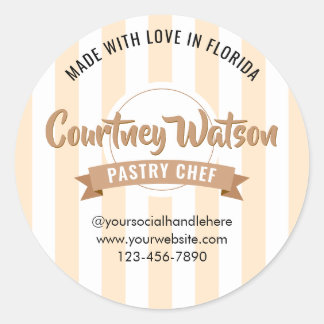 Pegatina Redonda Modern Beige Stripe Cake Bakery Pastry Chef