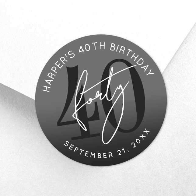 Pegatina Redonda Modern Black 40th Birthday Party (Modern Black 40th Birthday Party Classic Round Sticker)