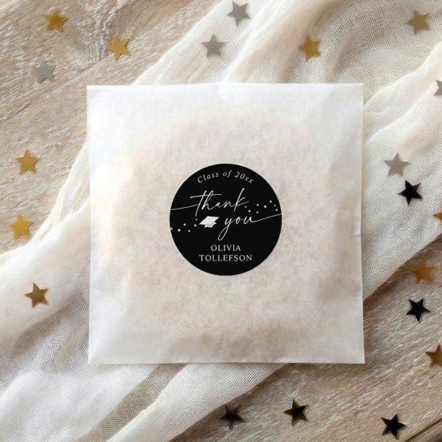 Pegatina Redonda Modern Black and White Graduation Thank You Favor (Black and white graduation thank you stickers with modern script and minimalist design)