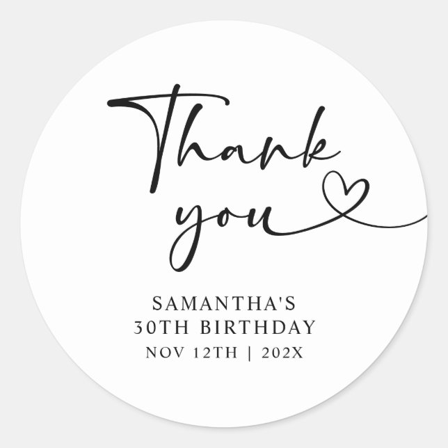 Pegatina Redonda Modern Black and White Hello 30th Birthday (Anverso)