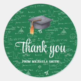 Pegatina Redonda Modern Black Cap Green Math Graduation Thank You
