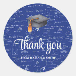 Pegatina Redonda Modern Black Cap Math Graduation Blue Thank You