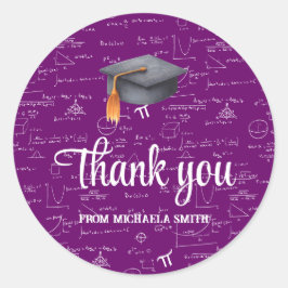 Pegatina Redonda Modern Black Cap Purple Math Graduation Thank You