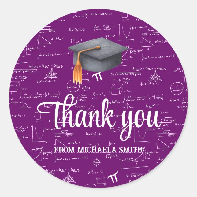 Pegatina Redonda Modern Black Cap Purple Math Graduation Thank You (Anverso)