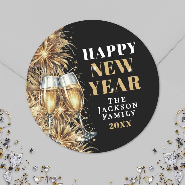 Pegatina Redonda Modern Black Gold Champagne New Year's Eve Party (Modern Black Gold Champagne New Year's Eve Party Classic Round Sticker)