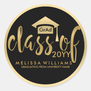 Pegatina Redonda Modern Black & Gold Modern Text Class Of 2016