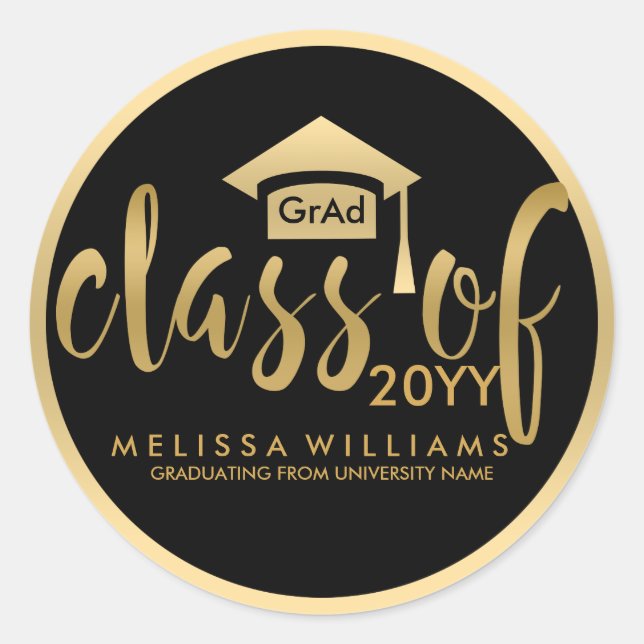 Pegatina Redonda Modern Black & Gold Modern Text Class Of 2016 (Anverso)