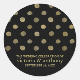 Pegatina Redonda Modern Black & Gold Polka Dots Wedding Favor