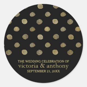 Pegatina Redonda Modern Black & Gold Polka Dots Wedding Favor