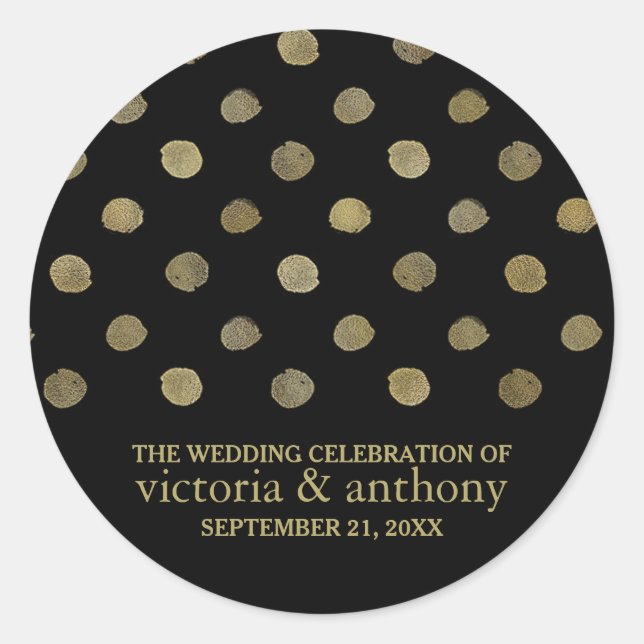 Pegatina Redonda Modern Black & Gold Polka Dots Wedding Favor (Anverso)