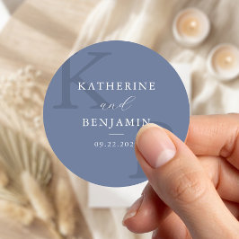 Pegatina Redonda Modern Blue Monogram Minimalist Wedding