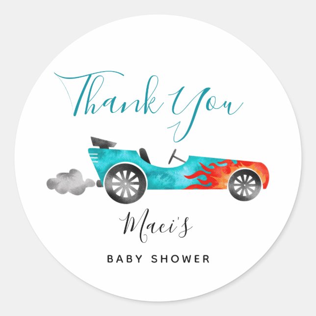 Pegatina Redonda Modern Blue Race Car Baby Shower Favor (Anverso)