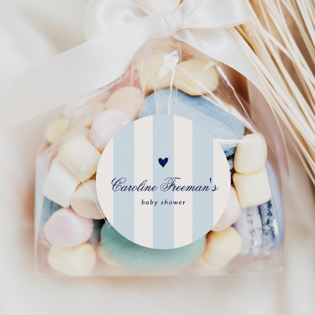 Pegatina Redonda Modern Blue Stripe Heart Valentine Baby Shower (Subido por el creador)