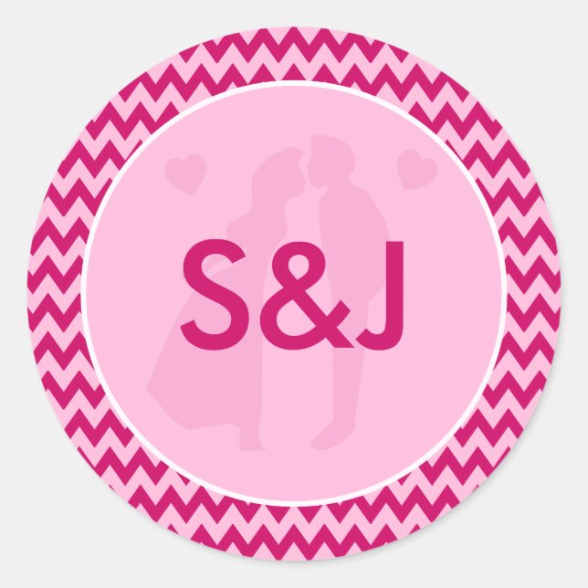 Pegatina Redonda Modern Blush Pink Chevron Monogram Wedding (Anverso)