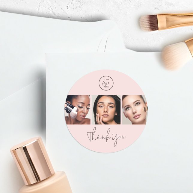 Pegatina Redonda Modern Blush Pink Script 3 Photo Makeup Thank You (Subido por el creador)