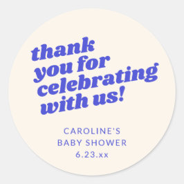 Pegatina Redonda Modern Bright Blue Retro Baby Shower Thank You