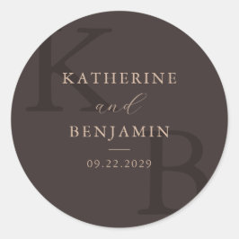 Pegatina Redonda Modern Brown Monogram Minimalist Wedding