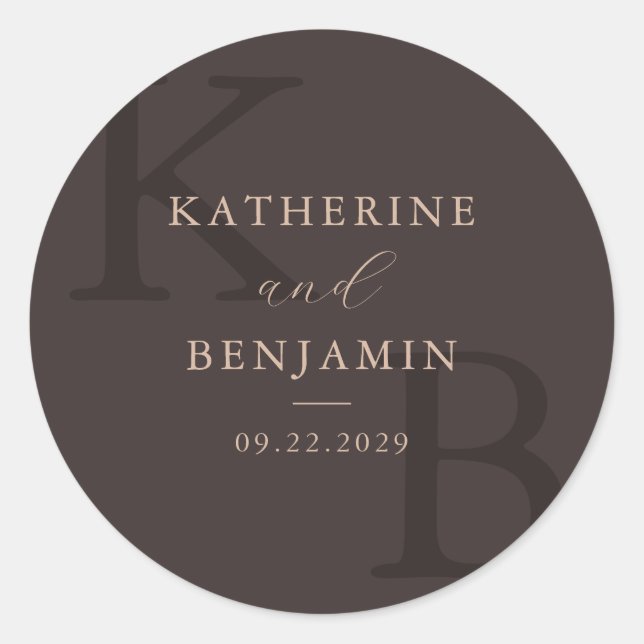 Pegatina Redonda Modern Brown Monogram Minimalist Wedding (Anverso)