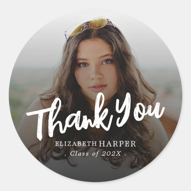 Pegatina Redonda Modern Brush Script Photo Graduation Thank You (Anverso)