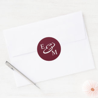 Pegatina Redonda Modern Burgundy Initials Wedding