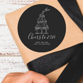 Pegatina Redonda Modern Cheers to the New Year Black Hand Drawn