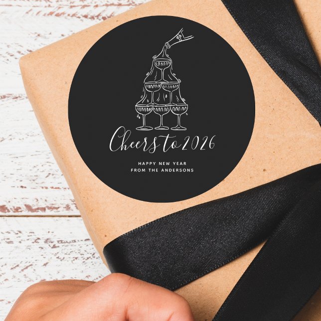 Pegatina Redonda Modern Cheers to the New Year Black Hand Drawn (Subido por el creador)