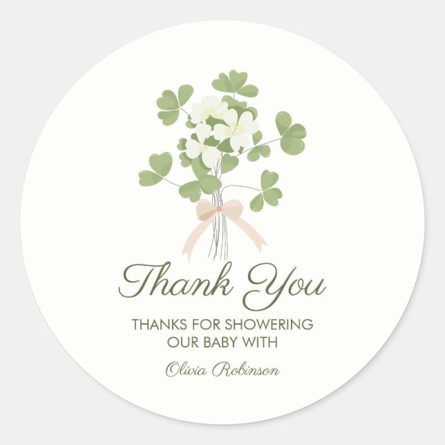 Pegatina Redonda Modern Chic Lucky Shamrock with Bow baby shower (Anverso)