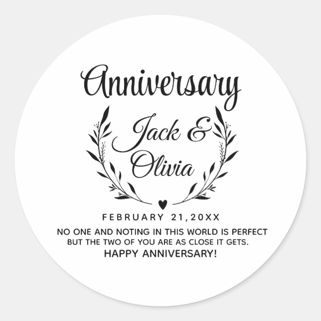 Pegatina Redonda Modern Custom Anniversary Couple Name Date Black (Anverso)
