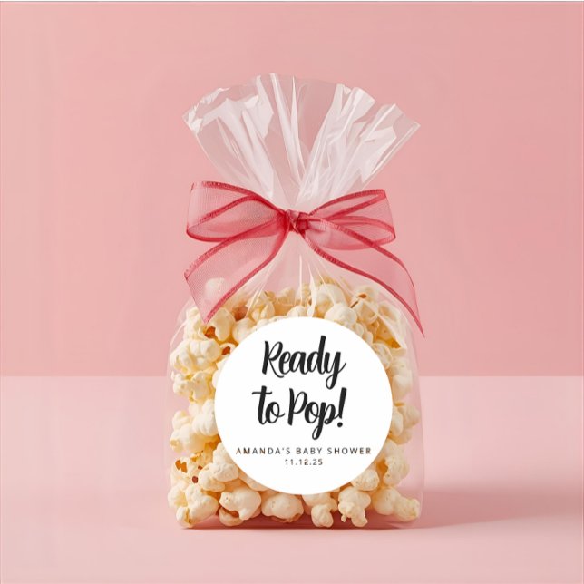 Pegatina Redonda Modern Custom Baby Shower Black Text Popcorn  (Modern elegant baby shower popcorn round sticker )